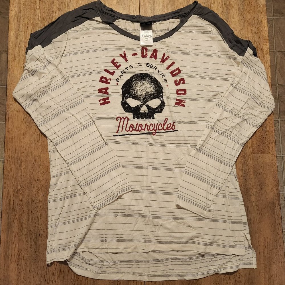 Women's Medium Soft Off-White Striped Harley-Davidson Long Sleeve Tee Shirt
